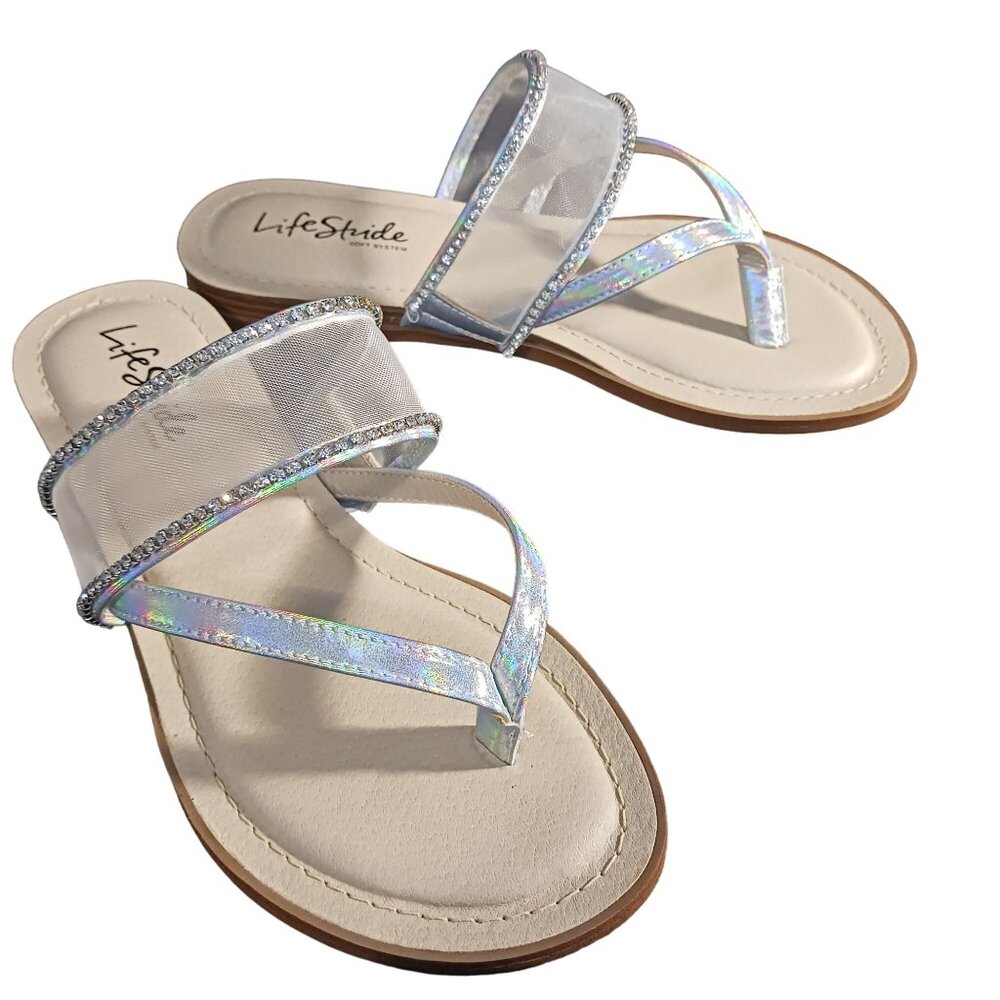 NEW Life Stride Radiant Glow‎ Silver Iridescent Flip Flop Sandals Size 7 Wide